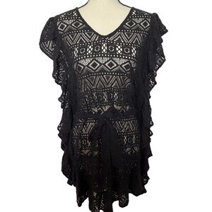 Boho Soul Black Lace Ruffle Waist Tie Coverup, NWT